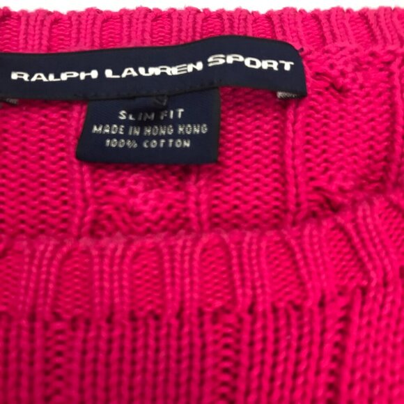 RALPH LAUREN SPORT Slim Fit Pink Raspberry M Crew Neck Cable Sweater - Picture 6 of 7